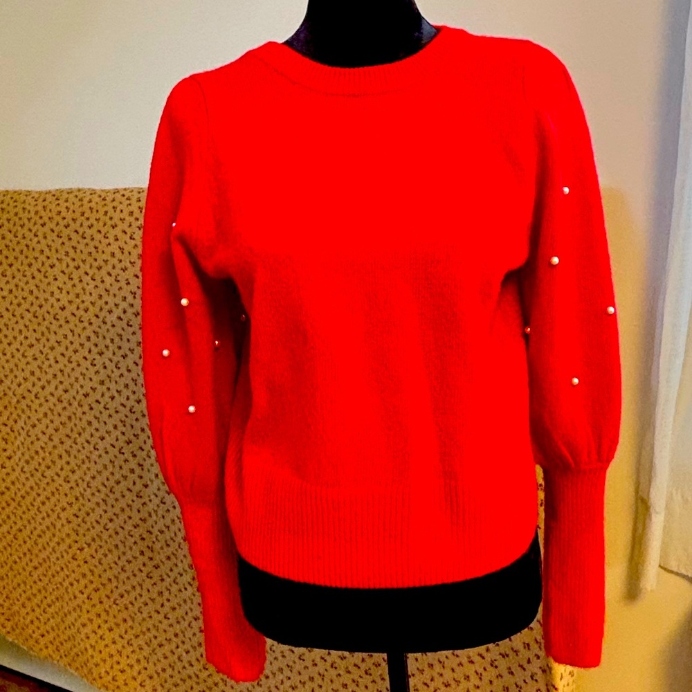 Women's Red Cece Sweater With Pearl Accents And Wide Sleeves